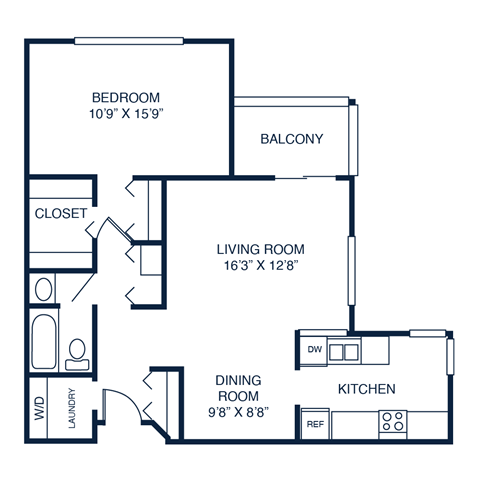 Floor plan for 1 bed, 1 bath, 918 sqft
